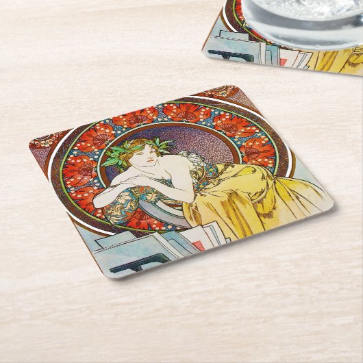 Frau mit Mohn, Mucha Rechteckiger Pappuntersetzer (angewinkelt)