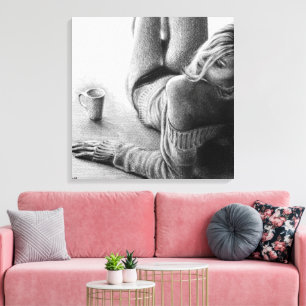 Frau mit Morgencoffee Bleistiftzeichnung Kunst Leinwanddruck
