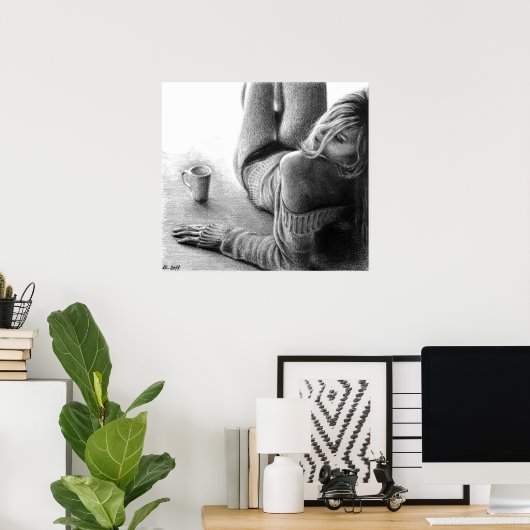 Frau mit Morgenkaffee Stift zeichnend Kunst Poster (Heimbüro)