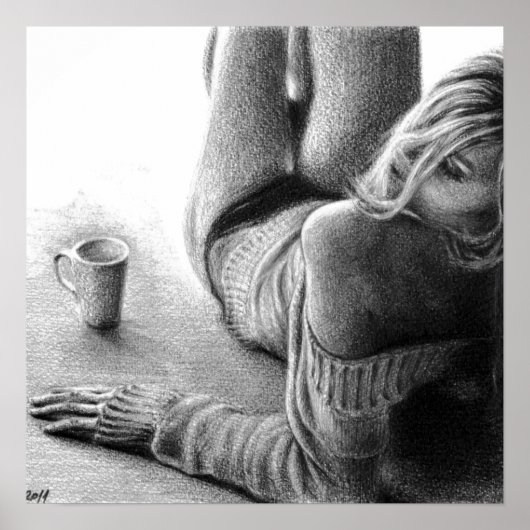 Frau mit Morgenkaffee Stift zeichnend Kunst Poster (Vorne)