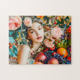 Frau mit Obst und floraler Rosen-Dekoration Puzzle