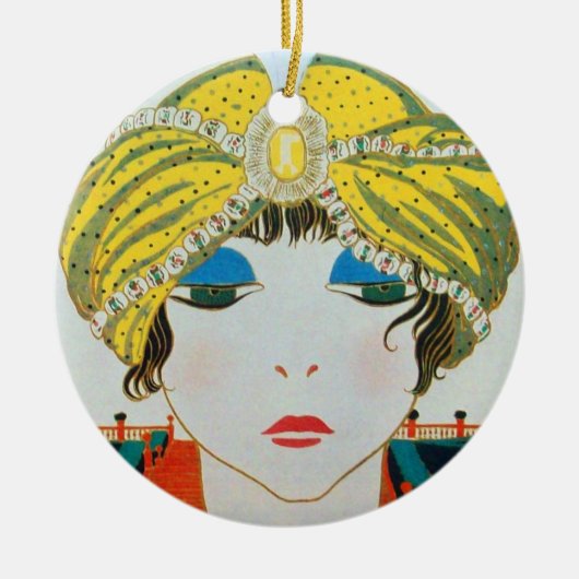 FRAU MIT ORIENTAL YELLOW TURBAN / BLAUE SAPPHIRE KERAMIKORNAMENT (Vorne)