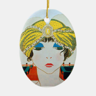 FRAU MIT ORIENTAL YELLOW TURBAN / BLAUE SAPPHIRE KERAMIKORNAMENT