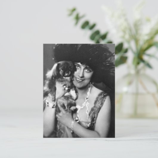 Frau mit Pekingese, 1920er Postkarte (Stehend Vorderseite)