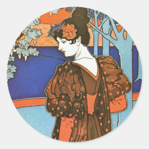 Frau mit Pfaus - Louis Rhead Runder Aufkleber