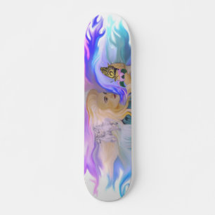 Frau mit Pferd und Schmetterling auf Lotus blühen Skateboard