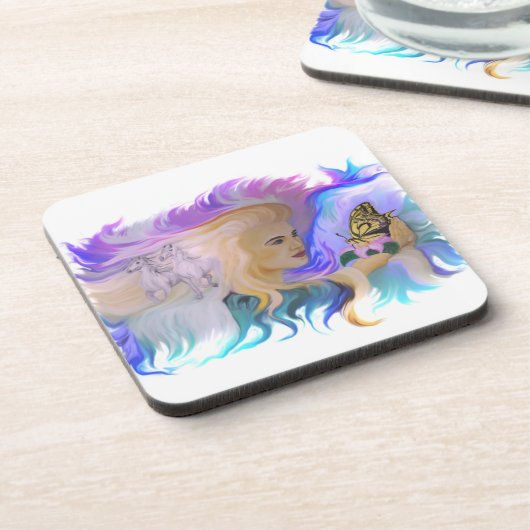 Frau mit Pferd und Schmetterling Getränkeuntersetzer (Linke Seite)