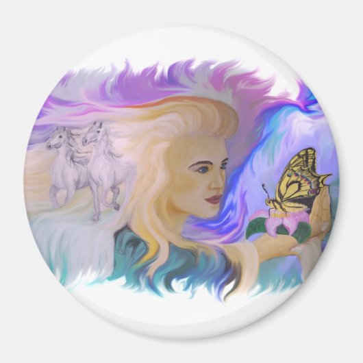 Frau mit Pferd und Schmetterling in Hand Magnet (Vorne)