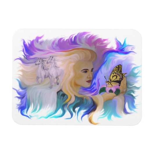 Frau mit Pferd und Schmetterling Magnet (Horizontal)