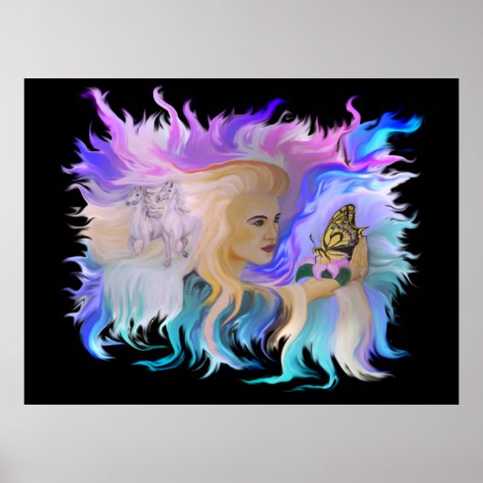 Frau mit Pferd und Schmetterling Poster (Vorne)