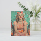 Frau mit Pfirsichen Retro-Fantasy Postkarte (Stehend Vorderseite)