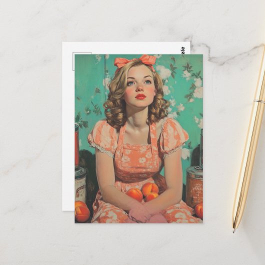 Frau mit Pfirsichen Retro-Fantasy Postkarte (Vorderseite/Rückseite Beispiel)