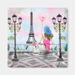 Frau mit Pink Balloon Magnet - I Liebe Paris