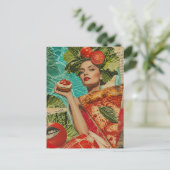 Frau mit Pizza und Salat Collage Postkarte (Stehend Vorderseite)