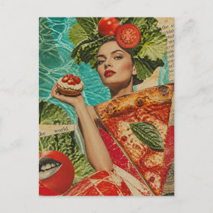 Frau mit Pizza und Salat Collage Postkarte