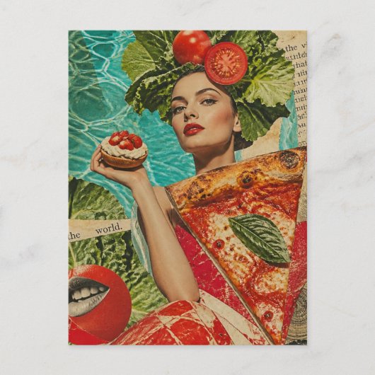 Frau mit Pizza und Salat Collage Postkarte (Vorderseite)