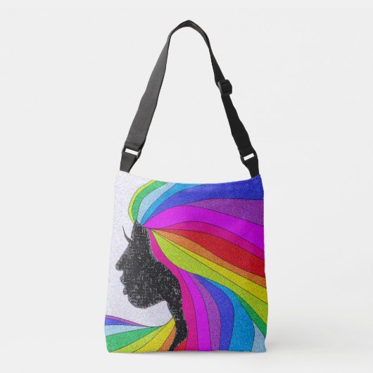 Frau mit Rainbow-Hair-Cross-Body-Tasche oder Tasch Tragetaschen Mit Langen Trägern (Vorderseite)