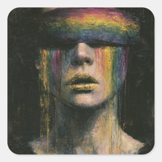 Frau mit Regenbogenblindfold Quadratischer Aufkleber (Vorderseite)