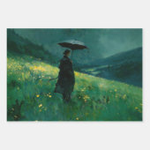 Frau mit Regenschirm in grüner Wiese Geschenkpapier Set (Vorderseite)
