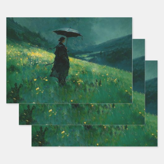 Frau mit Regenschirm in grüner Wiese Geschenkpapier Set (Set)