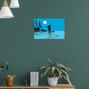 Frau mit Rentieren im Schnee unter Vollmond Poster