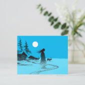 Frau mit Rentieren im Schnee unter Vollmond Postkarte (Stehend Vorderseite)