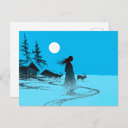 Frau mit Rentieren im Schnee unter Vollmond Postkarte (Vorne/Hinten)