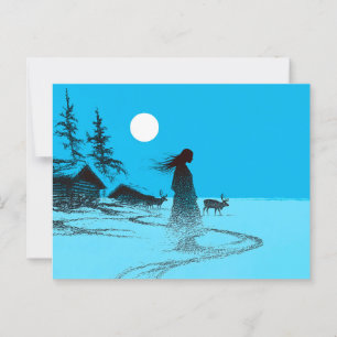 Frau mit Rentieren im Schnee unter Vollmond Postkarte