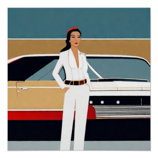 Frau mit Retro-Auto Poster (Vorderseite)