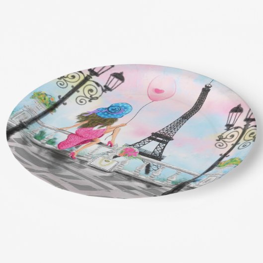 Frau mit rosa Ballon in Paris Paper Tellers Pappteller (Schrägansicht)