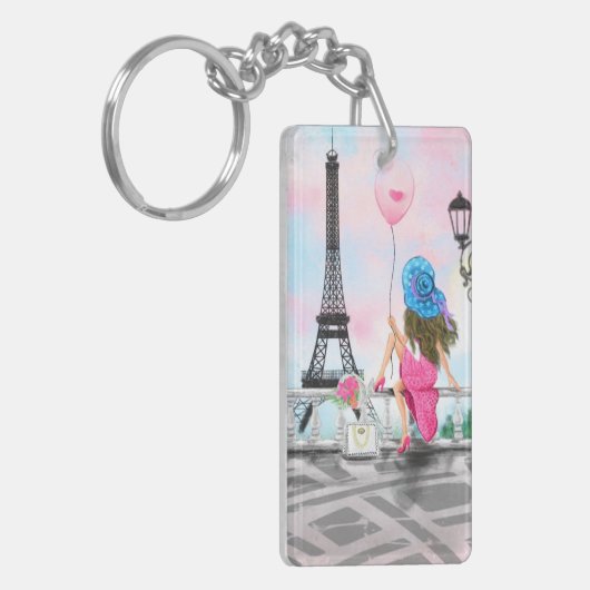 Frau mit rosa Ballon in Paris Schlüsselanhänger Ge (Vorderseite links)