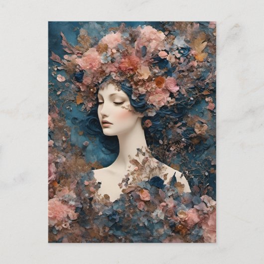 Frau mit rosa Blume, gemischte Medienkollektion Postkarte (Vorderseite)