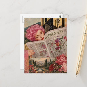 Frau mit rosa Haaren liest GartenzeitungMixed Medi Postkarte