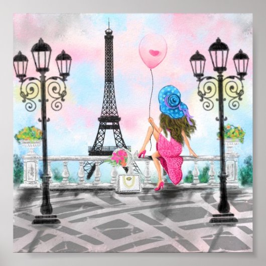 Frau mit rosa Herzballon in Paris Poster (Vorne)