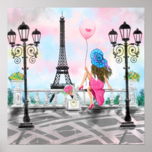 Frau mit rosa Herzballon in Paris Poster