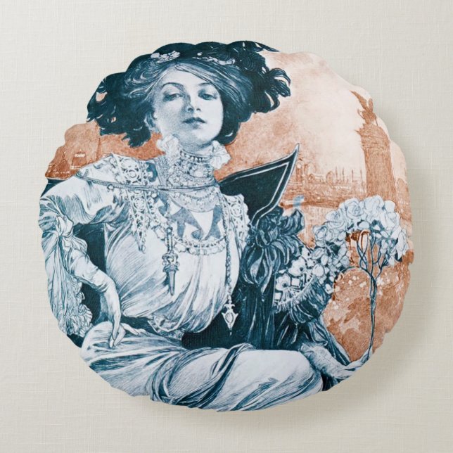 Frau mit Rose, Alphonse Mucha Throw Kissen (Vorderseite)