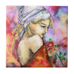 Frau mit Rose Keramik Tile Fliese