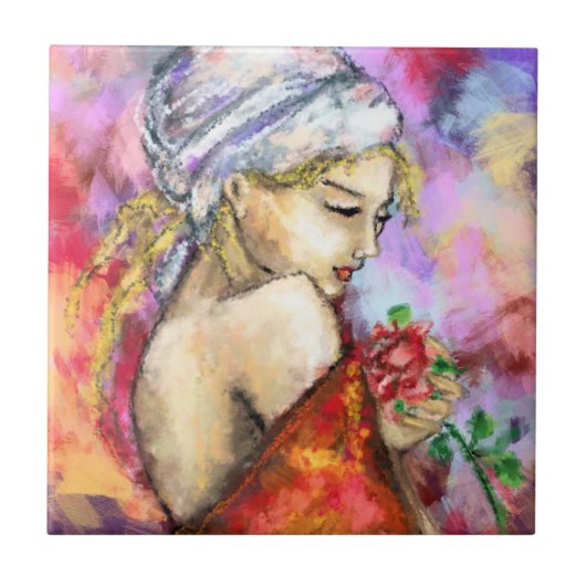 Frau mit Rose Keramik Tile Fliese (Vorderseite)
