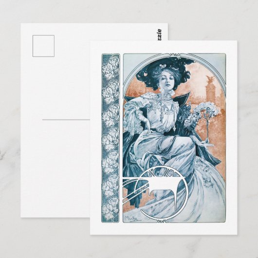 Frau mit Rose, Mucha Postkarte (Vorne/Hinten)