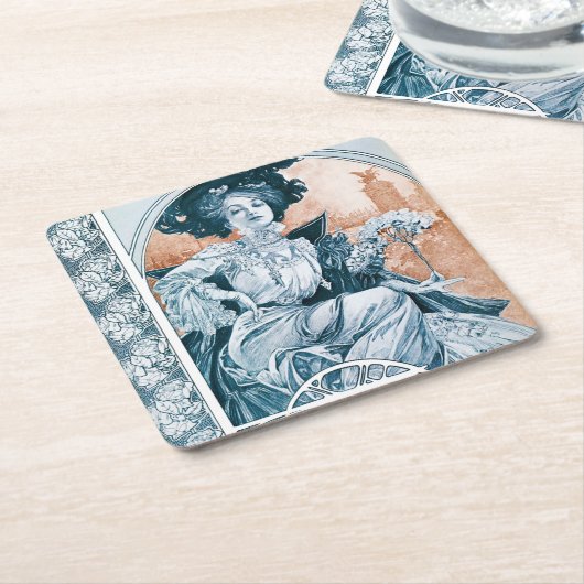 Frau mit Rose, Mucha Rechteckiger Pappuntersetzer (angewinkelt)