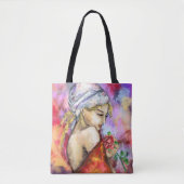 Frau mit Rose Tote Tag Tasche (Vorderseite)