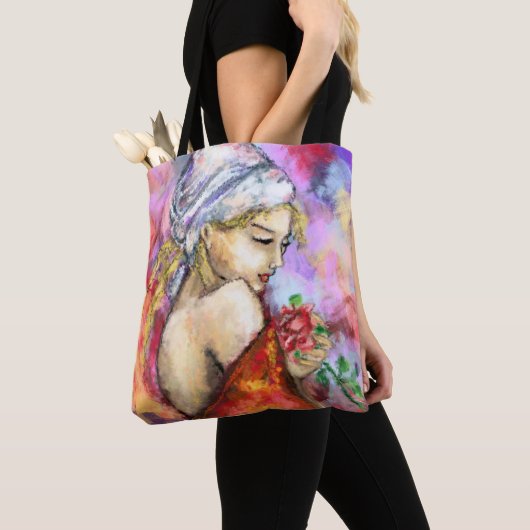 Frau mit Rose Tote Tag Tasche (Von Nahem)