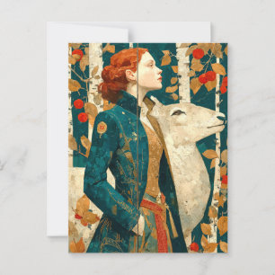 Frau mit rotem Haar, Birkenwald im Herbst, Rentier Postkarte