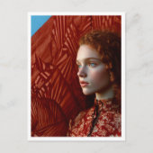 Frau mit rotem Haar durch ein Gemälde roter Pferde Postkarte (Vorderseite)