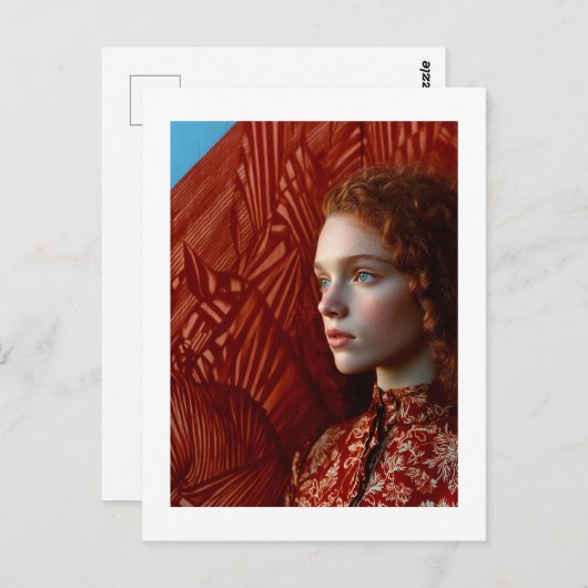 Frau mit rotem Haar durch ein Gemälde roter Pferde Postkarte (Vorne/Hinten)