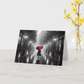 Frau mit rotem Schirm, die an dich denkt Karte (Gelbe Blume)