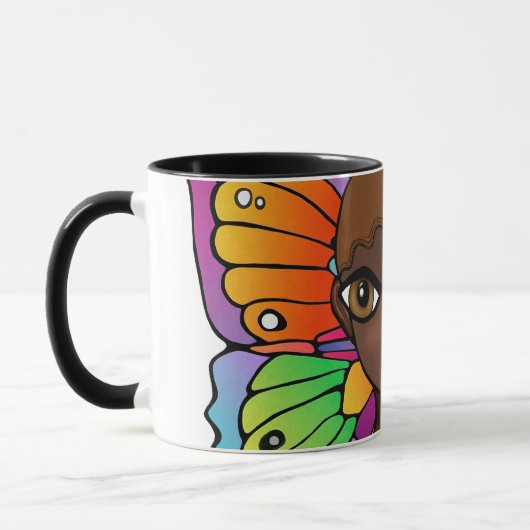 Frau mit Schmetterlingswings hell und farbenfroh Tasse (Links)
