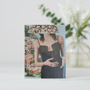 Frau mit Schüssel auf dem Kopf surreale Collage Postkarte