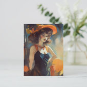 Frau mit schwarzem Kleid mit orangefarbenen Gurten Postkarte (Stehend Vorderseite)