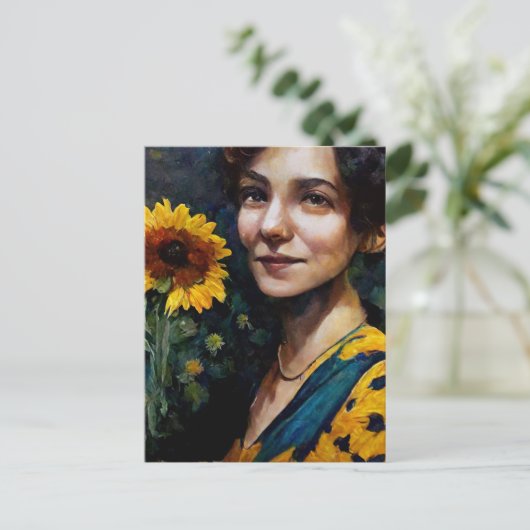 Frau mit Sonnenblume Postkarte (Stehend Vorderseite)